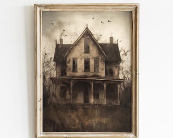 Haunted House Print, Halloween Wall Art, Printable Spooky Moody Painting, Vintage Style Digital Print, Eerie Gothic Dark Academia Decor,