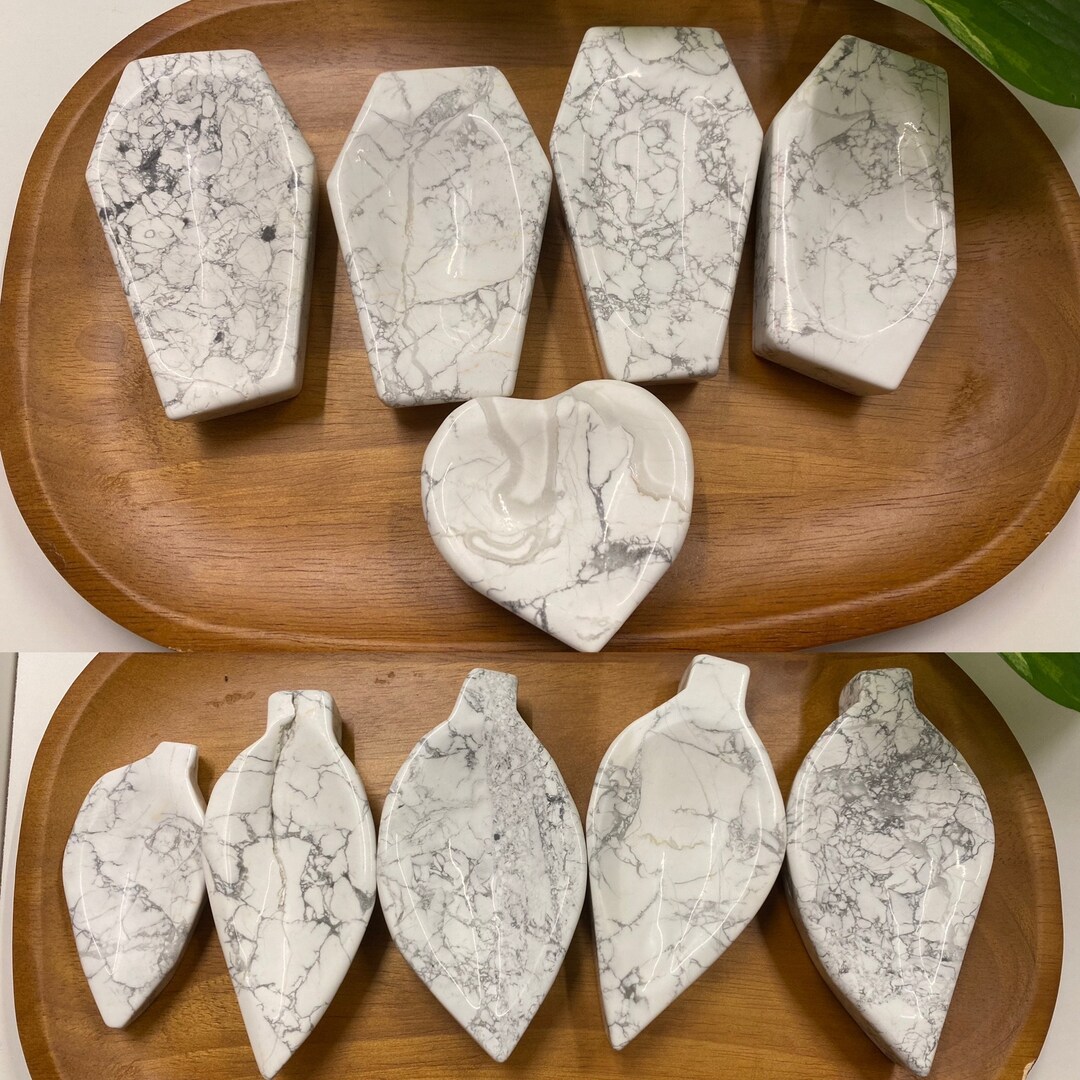 Howlite Leaf Coffin Heart Bowls Natural Stone Hand Carved Trinket Dish ...