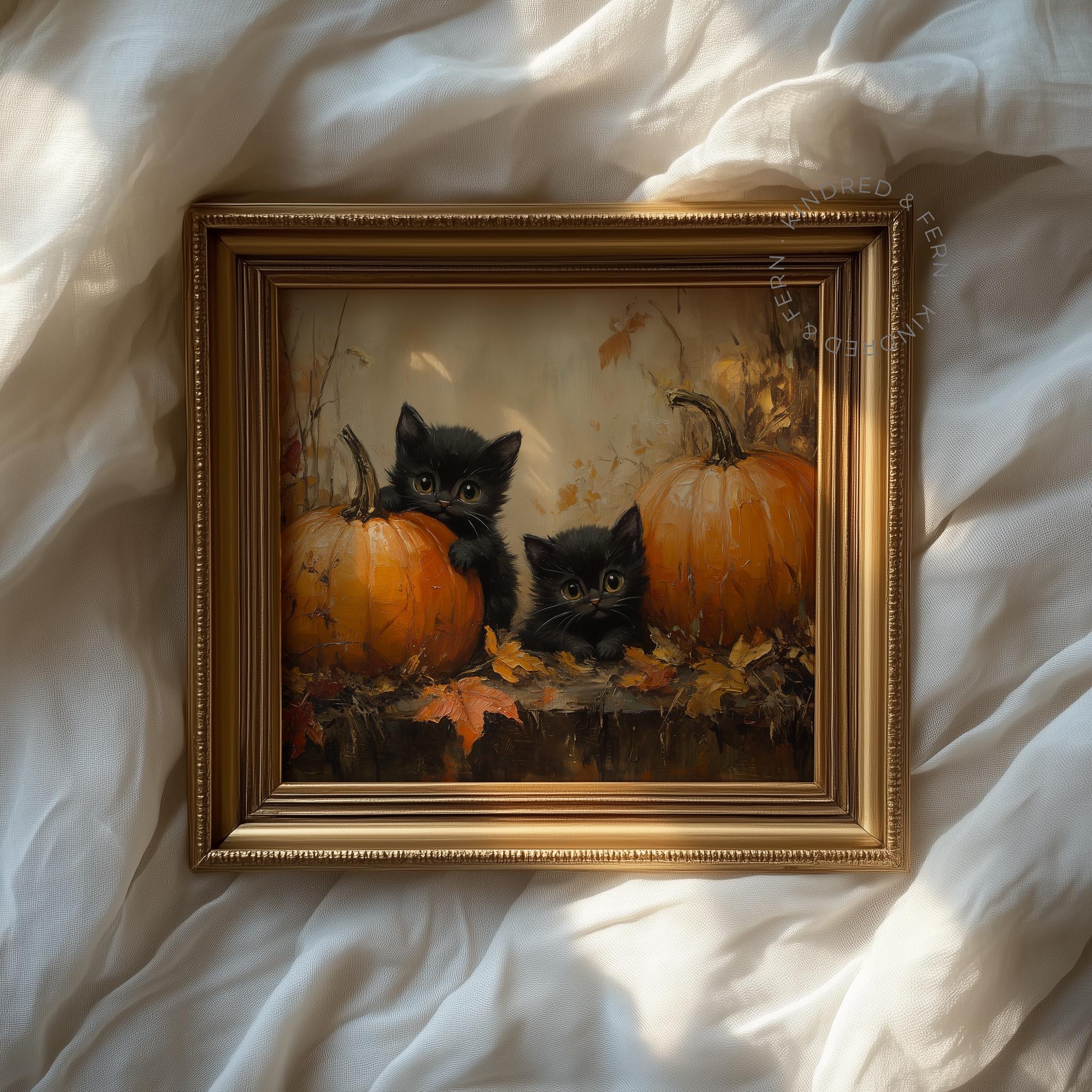 Vintage Pumpkin Patch Cats Oil Painting - Rustic Fall Decor