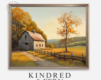 Rustic Autumn Landscape with Barn - Printable Fall Wall Art, Vintage Country Scene, Cottagecore Decor, Weathered Barn Painting 252
