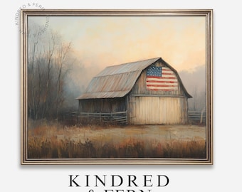 Rustic Barn with American Flag Painting - Vintage Farmhouse Wall Art, Large Hand-Painted Decor, Printable Country Scene, Cottagecore Art 220