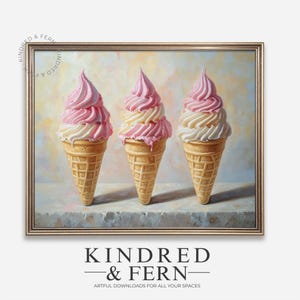 Triple Ice Cream Cones on Sidewalk Ledge - Vintage Summer Treats Wall Art, Cottagecore Dessert Decor, Pink and Cream Printable Art 57