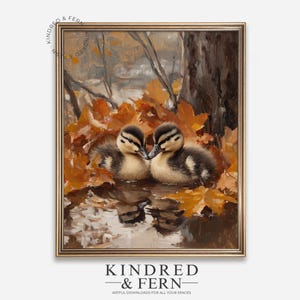 Rustic Autumn Ducklings Painting - Printable Fall Wall Art, Cozy Nature Scene, Earthy Orange Leaves, Vintage Cottagecore Decor 183