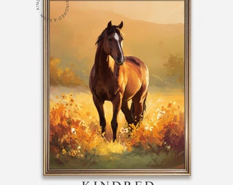 Humeurig bruin paard in herfstveld - rustieke muurkunst, aardse herfst afdrukbaar decor, cottagecore landschap, vintage stijl schilderij 263