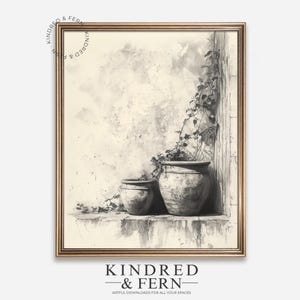 Puede incluir: Una impresión en blanco y negro enmarcada que presenta dos macetas de terracota envejecidas con enredaderas contra una pared desgastada. La obra de arte tiene una estética vintage, con el texto "KINDRED & FERN" en la parte superior e inferior.