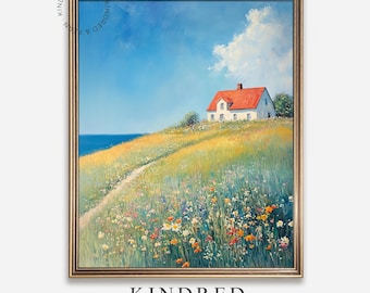 Casa colonica d'epoca con fiori di campo - Decorazione murale con paesaggio rustico, decorazione di prati di campagna, dipinto panoramico stampabile, stampa Cottagecore 119