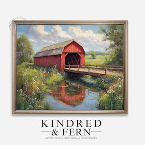 Rustic Red Covered Bridge Painting - Vintage Landscape Art, Tranquil Country Scene, Printable Wall Decor, Idyllic Reflection Artwork 215