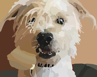 Peut inclure: Un chien blanc et brun avec un pelage duveteux et un nez noir regarde la caméra la bouche ouverte. Le chien est assis dans un fauteuil avec un tissu brun et bleu.