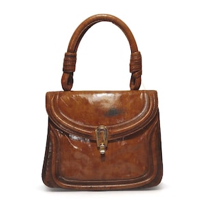 Vintage 1960s Genuine Leather Handbag Caramel Brown  With Pop Out Mirror