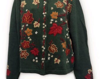 90s Fall Embroidered Snap Front Sweater Jacket XL Ramie Cotton Leaves Floral