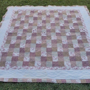 Vintage Stitched Pieced Quilt Patchwork Squares Burgundy Pink Tan 82X80