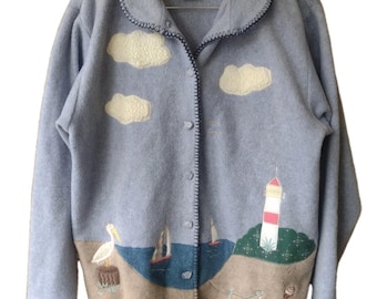 Vintage 90s Northern Reflections Nautical Lighthouse Fleece Cardigan M Coastal
