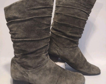 Vintage 90s Fanfares Estell Slouch Suede Boots Dark Gray Size 8.5 Soft & Rare