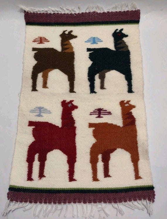Vintage Andean Wool Tapestry Handwoven Llama Motif Tapestry Aymara