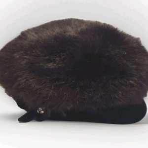 Vintage Sheared Beaver Fur Hat Black Plush Mid-Century Millinery Velvet Band