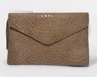 Vintage Taupe Large Clutch Textured Croc Embossed Leather Tablet Pouch Wristlet