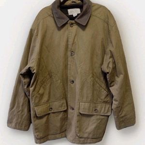 Vintage 90s St Johns Bay Barn Coat XL Leather Collar Plaid Lined Canvas Brown