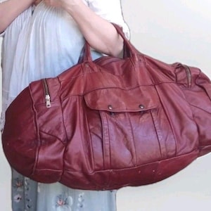 Vintage 70s Genuine Leather Red Travel XL Duffle Bag Weekend Luggage 24x12x12