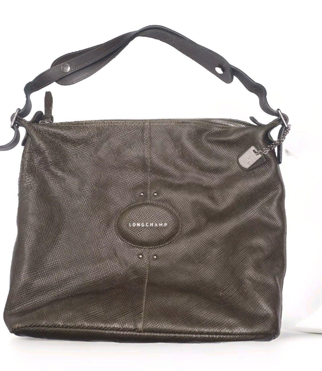 Longchamp Quadri Shoulder Bag Dark Olive Green Textured Leather