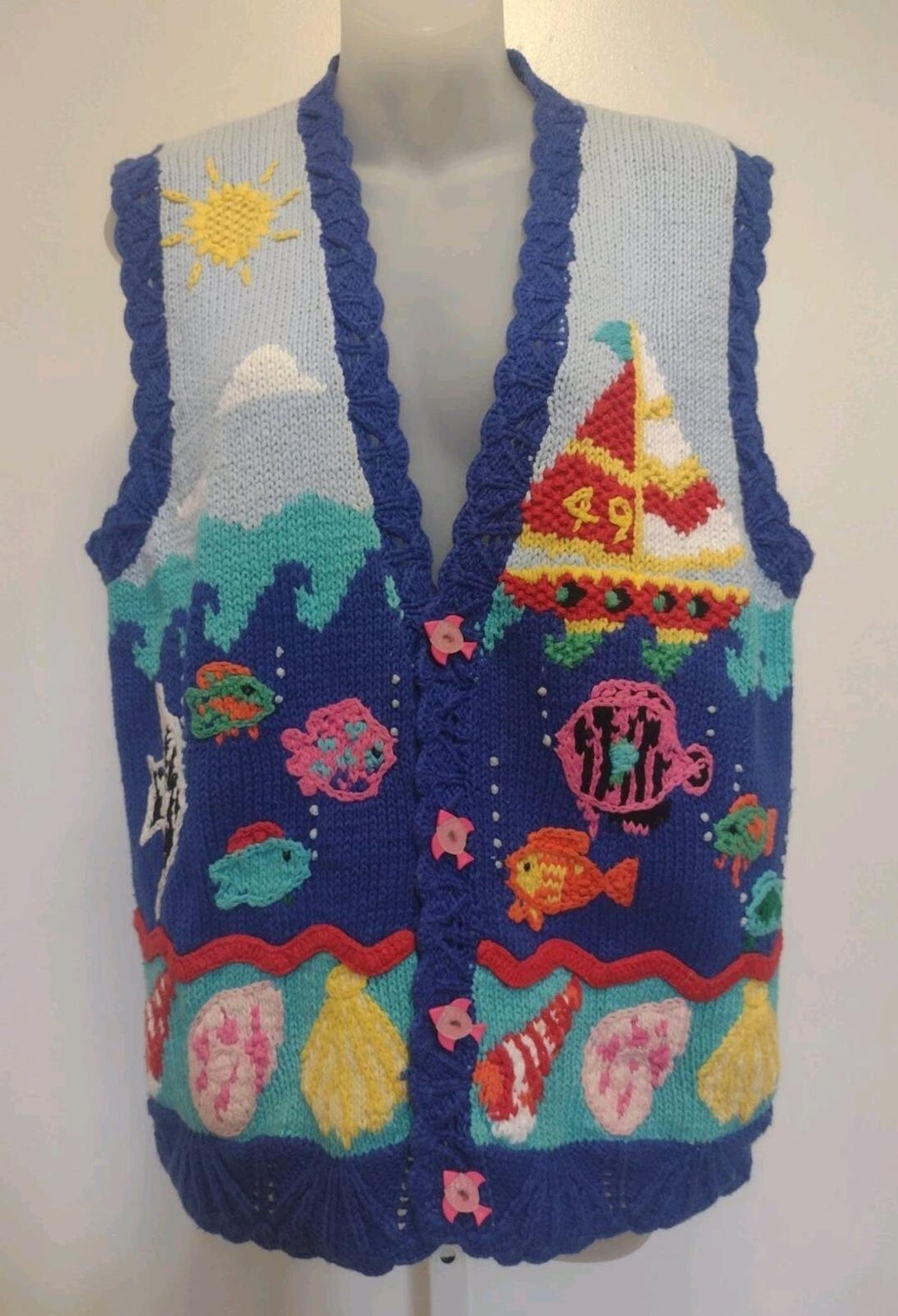VTG 90s Ocean Fish Sweater Vest Wearable Art Nautical Coastal Cottage ...