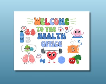 Op de afbeelding: Een kleurrijke illustratie met de tekst "Welkom bij het gezondheidsbureau". De illustratie bevat verschillende pictogrammen die verband houden met gezondheid, waaronder een hart, longen, hersenen, nieren en een stethoscoop.