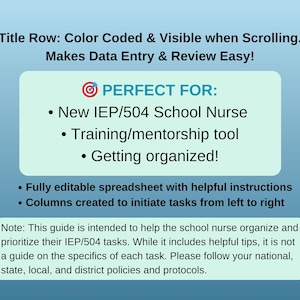 School Nurse Planner: IEP & 504 Tracking Spreadsheet (Editable, Digital Download) image 8