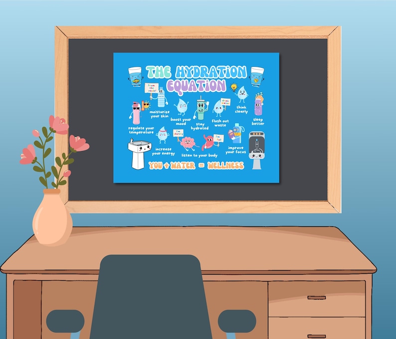 Puede incluir: Un p&oacute;ster enmarcado sobre un escritorio con el texto "The Hydration Equation" e ilustraciones de los beneficios para la salud relacionados con el agua. Un jarr&oacute;n con flores rosas est&aacute; sobre el escritorio.