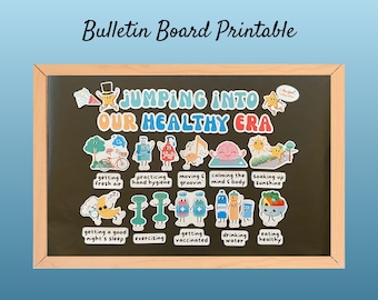 Könnte beinhalten: Eine schwarze Tafel mit dem Titel "Jumping into Our Healthy Era" und bunten Illustrationen von gesunden Gewohnheiten, wie z. B. frische Luft schnappen, Handhygiene betreiben, sich bewegen und tanzen, Geist und Körper beruhigen, Sonne tanken, eine gute Nachtruhe bekommen, Sport treiben, sich impfen lassen, Wasser trinken und gesund essen.