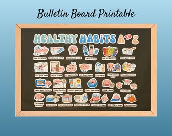 Tablero de anuncios de hábitos saludables de la A a la Z: Decoración para la enfermera escolar (conjunto imprimible en PDF)