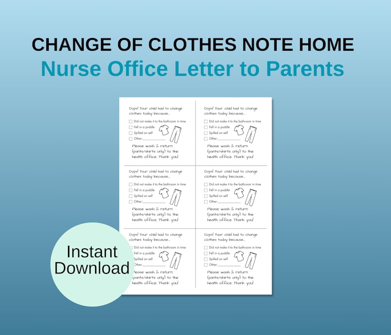 School Nurse Change of Clothes Note to Parent (PDF, PNG included) image 1