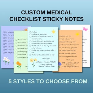 May include: A set of five rectangular sticky notes in light purple, light green, light blue, orange, and white. Each note features a checklist with printed medical tasks, small floral illustrations, sun or butterfly icons, and custom doctor names.