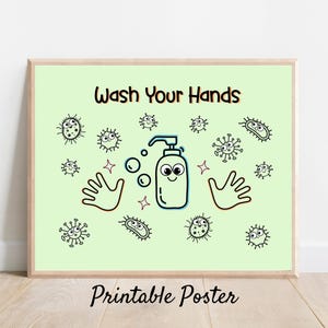 Wash Your Hands Poster Printable, Handwashing Sign for Kids, Cute Germ Chart, School Nurse Bathroom Decor, Preschool & Classroom Hygiene