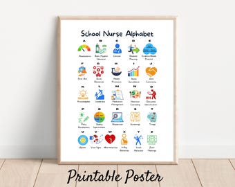 Modern School Nurse Alphabet Printable Poster, School Nurse Decor, Health Office Digital Art, Nurse Appreciation End of Year Gift for RN