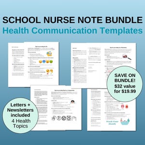 Puede incluir: Un paquete de plantillas de comunicación de salud para enfermeras escolares. La imagen muestra varias páginas blancas con texto e ilustraciones, incluidos consejos para prevenir la gripe y la conjuntivitis. El paquete incluye cartas y boletines sobre 4 temas de salud.