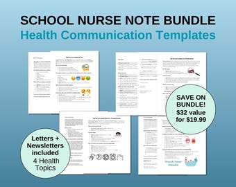 Peut inclure: Un ensemble de modèles de communication sur la santé pour les infirmières scolaires. L'image montre plusieurs pages blanches avec du texte et des illustrations, y compris des conseils pour prévenir la grippe et la conjonctivite. Le lot comprend des lettres et des bulletins sur 4 sujets de santé.