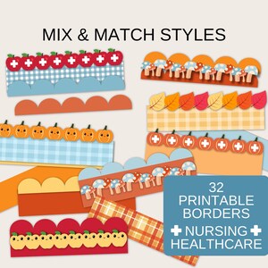 May include: A collection of colorful printable borders with fall-themed designs, including apples, pumpkins, mushrooms, and leaves. The image includes the text "MIX & MATCH STYLES" and "32 PRINTABLE BORDERS + NURSING + HEALTHCARE".