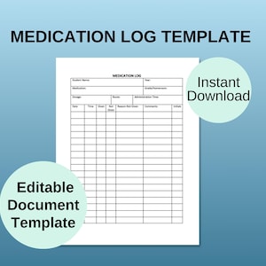 May include: A white medication log template with black text, featuring fields for student details, medication information, and administration records. The text includes "MEDICATION LOG TEMPLATE", "Editable Document Template", and "Instant Download".
