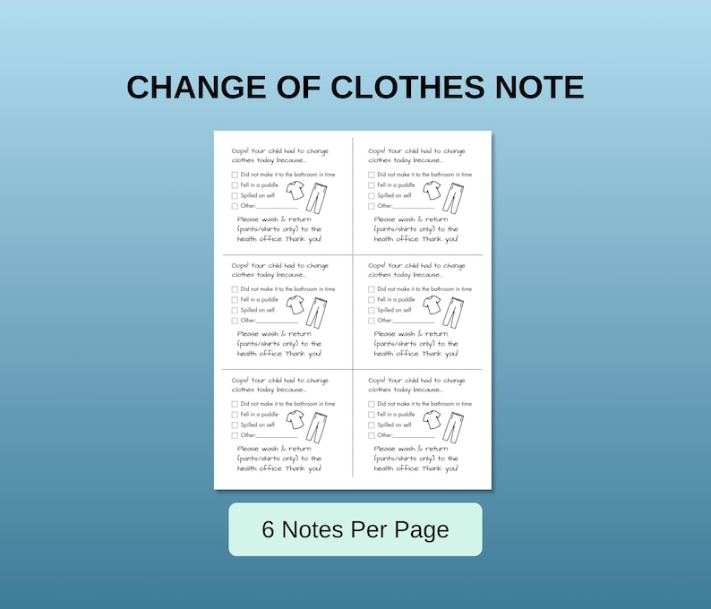 School Nurse Change of Clothes Note to Parent (PDF, PNG included) image 2