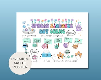 Spread Kindness Not Germs Poster | School Nurse, Classroom Wall Art | Funny Kids Hygiene Decor