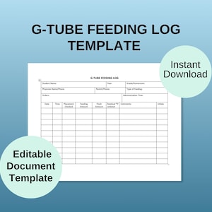Könnte beinhalten: Eine weiße G-Tube Feeding Log Vorlage vor blauem Hintergrund. Das Dokument enthält Felder für Schülerinformationen, Fütterungsdetails und Verabreichungszeiten. Der Text auf dem Bild lautet "G-TUBE FEEDING LOG TEMPLATE", "Editable Document Template" und "Instant Download".
