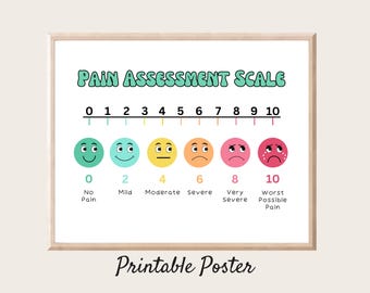 May include: Printable pain assessment scale poster with a numbered scale from 0 to 10, with corresponding facial expressions ranging from happy to sad. The scale is labeled with descriptions of pain levels, including "No Pain", "Mild", "Moderate", "Severe", "Very Severe", and "Worst Possible Pain".