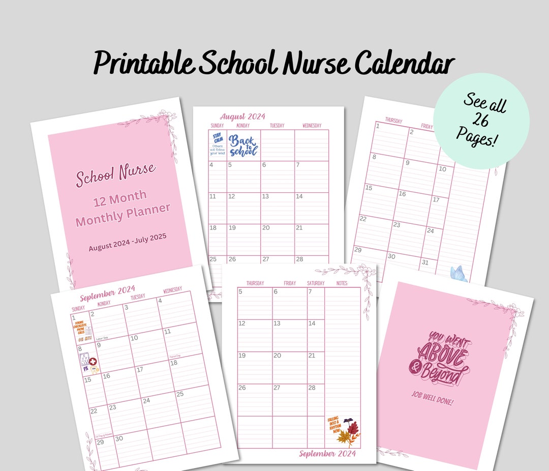 School Nurse Printable Calendar, School Nurse Planner Download, School ...