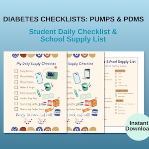Lista de verificación diaria para la diabetes, formularios para la enfermera escolar, oficina de la enfermera escolar, lista imprimible de útiles escolares para la diabetes, planificador de diabetes para niños