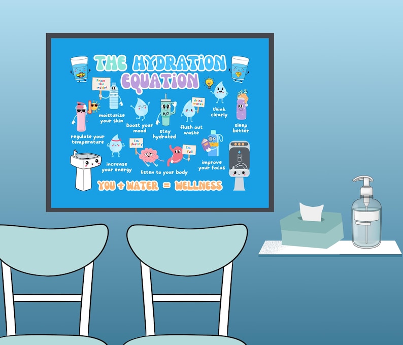 Puede incluir: Un p&oacute;ster enmarcado azul titulado "The Hydration Equation" con ilustraciones de dibujos animados de gotas y recipientes de agua. El p&oacute;ster est&aacute; en una pared azul, con dos sillas en primer plano. Una caja de pa&ntilde;uelos y desinfectante de manos est&aacute;n en un estante.