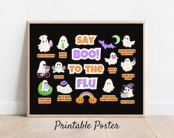 May include: A framed black poster with a light wood border. The poster features cartoon ghosts with health tips, including "Say Boo! To The Flu." The text "Printable Poster" is at the bottom. The ghosts are in various poses, with a rainbow and a bat.