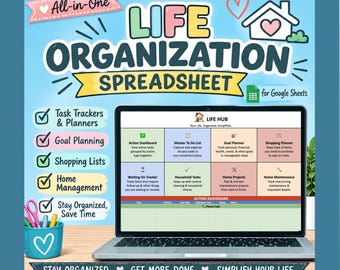 Hoja de cálculo para la organización de la vida / Planificador de vida en Google Sheets / Lista de tareas, seguimiento de objetivos, planificador de compras, gestión del hogar