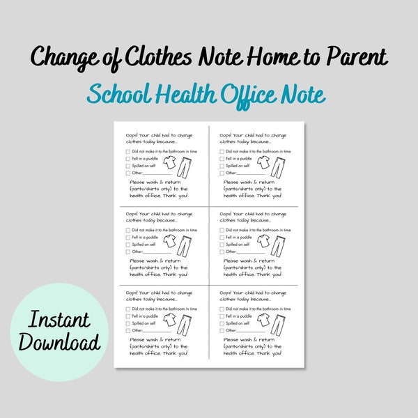 Change of Clothes Note to Parent, School Nurse Note Home, School Nurse Office Printable, School Health Clinic Letter, School Health Office