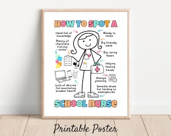 May include: A printable poster with a cartoon illustration of a school nurse. The poster includes text that says "How to Spot a School Nurse" and lists characteristics of a school nurse, such as "Head full of knowledge", "Ready to listen", "Big friendly smile", "Big caring heart", "Helping healing hands", "Always planning", "Lots of devices for monitoring student health", and "Sensible shoes for tending to emergencies".