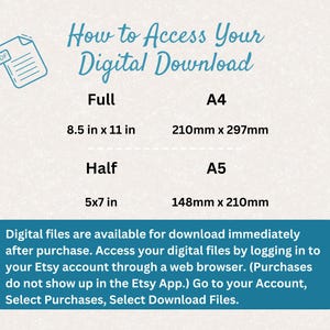 Pu&ograve; includere: Una grafica blu e bianca con il testo "Come accedere al tuo download digitale". La grafica mostra le diverse dimensioni dei download digitali disponibili: Formato completo (8,5 pollici x 11 pollici), Formato met&agrave; (5 pollici x 7 pollici), A4 (210 mm x 297 mm) e A5 (148 mm x 210 mm). La grafica include anche istruzioni su come accedere ai file digitali dopo l'acquisto.