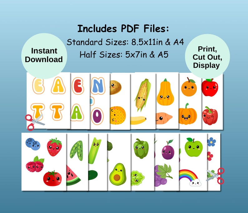 Pu&ograve; includere: Set di flashcard stampabili colorate con diversi frutti e verdure con facce carine. Il set include lettere che compongono "CAEN" e "TTAO". Il testo "Includes PDF Files: Standard Sizes: 8.5x11in & A4 Half Sizes: 5x7in & A5 Print, Cut Out, Display" &egrave; incluso.